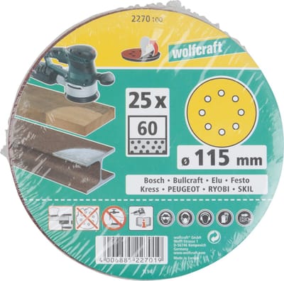 wolfcraft - Schuurpapier Korrel 60 – 115MM – 25 stuks – Voor schuurmachines – klittenbandbevestiging - 2270100