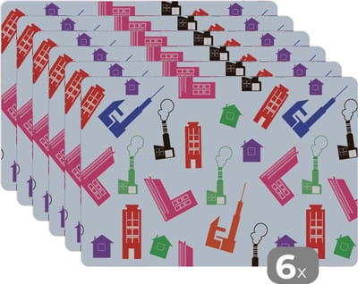 Placemat - Placemats kunststof - Patronen - Fabriek - Huis - 45x30 cm - 6 stuks - Hittebestendig - Anti-Slip - Onderlegger - Afneembaar