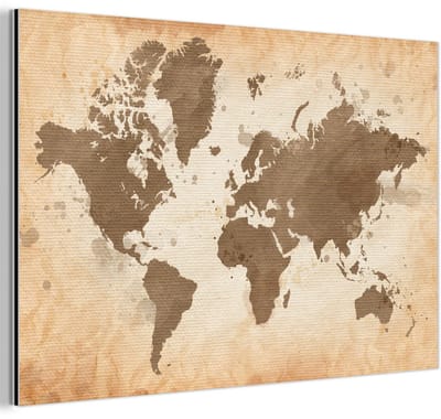 Aluminium schilderij 180x120 cm - Wanddecoratie metaal - Wereldkaart - Beige - Bruin - Metalen muurdecoratie woonkamer - Decoratie industrieel - Foto op dibond - Industriële accessoires slaapkamer