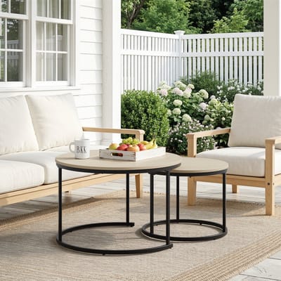 Pugsdrly Tweedelige, in elkaar schuifbare salontafelset, eikenfineer, ronde salontafel met een diameter van 70 cm, metalen onderstel, moderne stijl, geschikt voor woonkamer, slaapkamer, balkon.