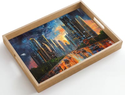 Dienblad hout 50x35 cm - Schootdienblad - Auto - Skyline - Zon - Blauw - Borrelplank rechthoek - Plateau dienbladen