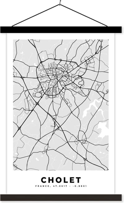 Posterhanger incl. Poster 40x60 cm - Schoolplaat - Kaart - Frankrijk - Stadskaart - Plattegrond - Cholet - Textielposter - Zwarte latten - Stadskaart