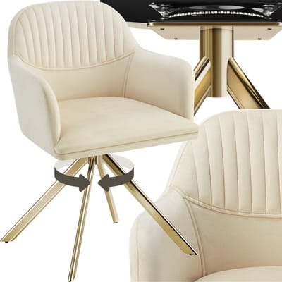 tectake® Fluwelen draaistoel - Bureaustoel - Eetkamerstoel met armleuningen - Fluwelen bureaustoel, keukenstoel, woonkamerstoel - 56 x 59 x 81 cm - Creme/goud