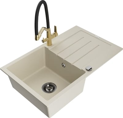 Mexen Bruno granieten spoelbak 1-kompartement met afdruipplaat en keukenmengkraan Duo, beige - 6513-69-671701-57-B