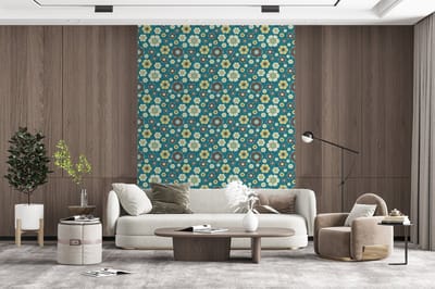 Behang - Fotobehang Retro - Bloemen - Patronen - Blauw - Breedte 165 cm x hoogte 220 cm