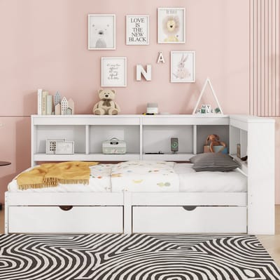 MEUNIQ Bedbank 90 x 200 cm met 2 lades, opbergvakken, stopcontact en 2 USB-poorten, lattenbodem, eenpersoons daybed voor slaapkamer, wit