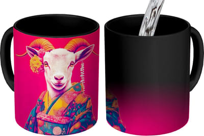 Magische Mok - Foto op Warmte Mokken - Koffiemok - Geit - Hoorns - Kimono - Kleurrijk - Magic Mok - Beker - 350 ML - Theemok