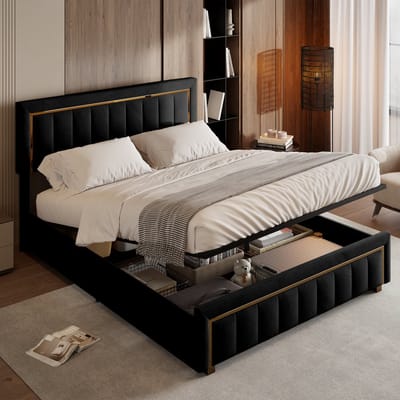Tweepersoonsbed 140 x 200 cm met grote opbergruimte, gewatteerd hoofdeinde, hydraulisch systeem, modieus en luxueus, fluwelen stof, zwart