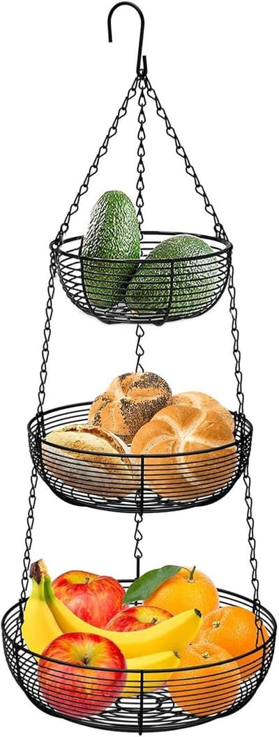 Famanu – Hangende fruitmand 3 etages met haken – verstelbare hangmand voor keuken (zwart)