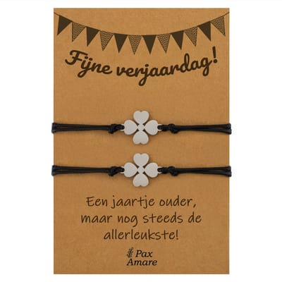 Vriendschapsarmbandjes voor 2 "Fijne Verjaardag" - Klavertje Vier - BFF Armbandjes met Persoonlijk Cadeau Kaartje - Zilverkleurig - Elastisch Verstelbaar - Pax Amare