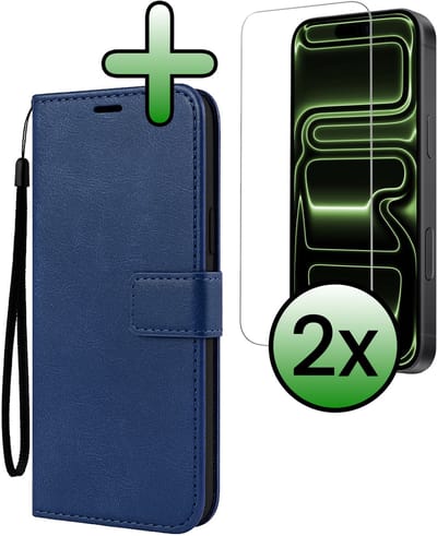 Hoesje Met 2x Screenprotector - Geschikt voor Apple iPhone 17 Pro - Luxe Pasjeshouder - Bookcase Portemonee - Flip Case - Kunstleer Book Case - Flipcase Hoes - Book Cover - Walletcase - Portemonneehoes - Donkerblauw