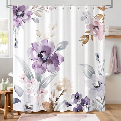 Douchegordijn met aquarelmotief, 180 x 180 cm, badgordijn met violet botanisch patroon, van polyester, waterdicht en wasbaar, inclusief 12 haken
