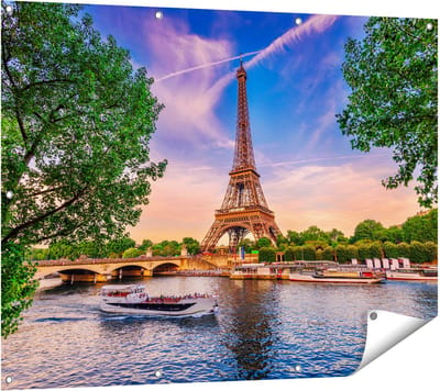 Gards Tuinposter Eiffeltoren in Parijs aan het Water - Kleur - 120x90 cm - Tuindoek - Tuindecoratie - Wanddecoratie buiten - Tuinschilderij
