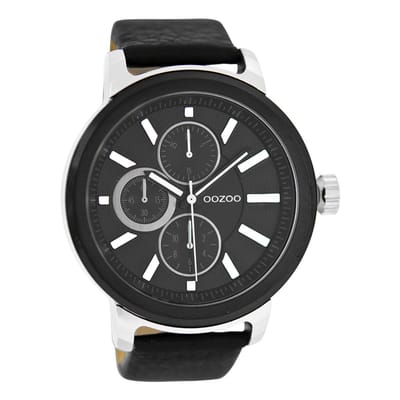 OOZOO Timepieces - Zilverkleurige horloge met zwarte leren band - C6069