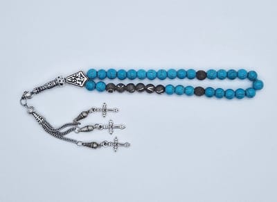 Handgemaakte naam tasbih 33 Kralen Natuursteen “Turkoois” - met metaal tassel “ Kruis"- Met je naam of de naam van uw geliefde- 8 mm diameter van de korrel