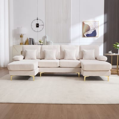 Hoekbank - U-vorm - LED en USB-C - met Massief Houten Frame - Textiel - Beige