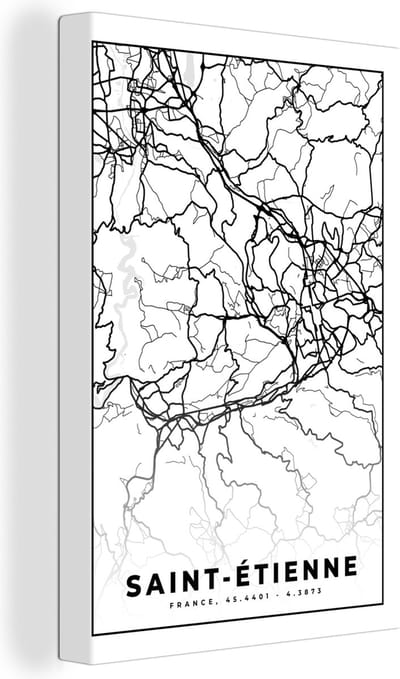 Canvas Schilderij Stadskaart - Saint-Étienne - Plattegrond - Kaart - Frankrijk - Zwart wit - 20x30 cm - Wanddecoratie