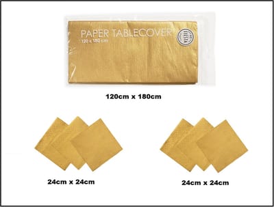 1x Tafelkleed papier goud 120cm x 180cm + 40x Cocktail servetten goud 24cm x 24cm 3 laags