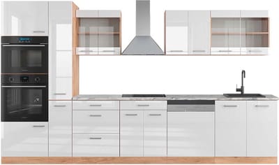 Vicco R-Line Complete keukeneenheid – 350 cm met hoge kast, WB Marmer Wit hoogglans/goud power eiken
