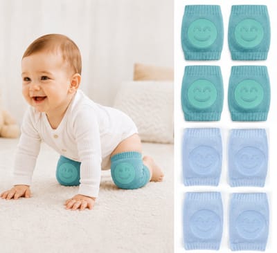 Baby Kruipsokken Smiley met Antislip – 4 Paar – Zachte Kniebescherming voor Baby’s – Blauw & Groen – 0-2 Jaar