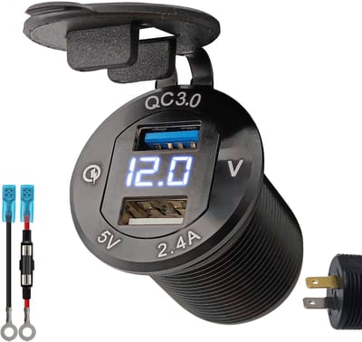 ProRide 12V USB Stopcontact 2 Poorten Inbouw met Voltmeter - 5V/2.4A - DS2114B - met Aansluitkabel 60cm en Glaszekering 10A - Blauw