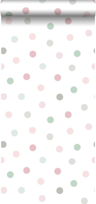 Walls4You behang grote stippen groen, roze en grijs - 935316 - 0,53 x 10,05 m