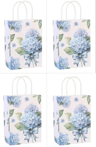 Geschenktas hortensia - kraft papier - tasjes - 4 stuks - cadeau verpakking - 15 x 21 cm