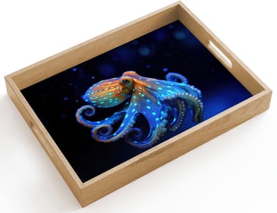Dienblad hout 40x30 cm - Schootdienblad - Octopus - Stippen - Blauw - Zee - Borrelplank rechthoek - Plateau dienbladen