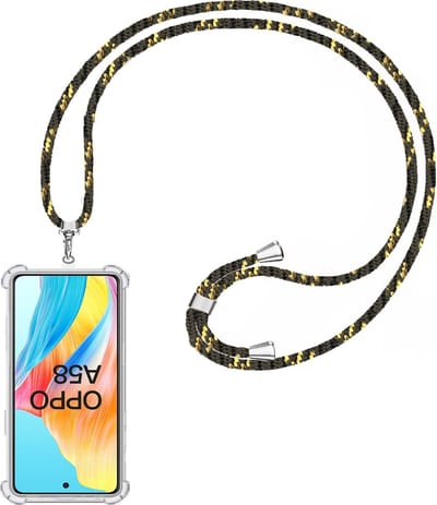 Telefoonkoord + Hoesje Geschikt voor OPPO A58 4G - Lengte Verstelbaar - Telefoonketting - Shock Proof Case - Zwart Goud