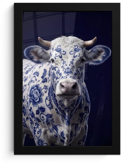 Poster in lijst - Fotolijst 20x30 cm - Posters - Koe - Delfts - Blauw - Artistiek - Posterlijst zwart - Decoratie - Wanddecoratie woonkamer - Muurdecoratie slaapkamer