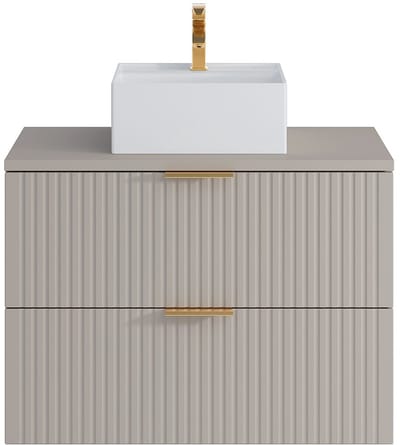 Vente-unique Geribbeld hangmeubel voor badkamer met vierkante opbouwwastafel - Beige - 80 cm - ZEVARA