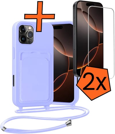 Hoesje Geschikt voor iPhone 16 Pro Hoesje Met Telefoonketting Pasjeshouder Case Met 2x Screenprotector Koord - Hoesje Geschikt voor iPhone 16 Pro Hoes Met Kaarthouder - Lila