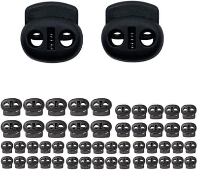 50 stuks zwarte 2-holes springcord stoppers voor outdoor kleding en sportveters, rubberen sluitingen voor 5mm/4.5mm/4mm koorden, ideaal voor accessoires en reparaties