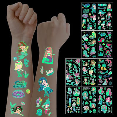 Luminous Zeemeermin Tattoos voor Kinderen, 10 Vellen, Perfect voor Feestjes, Verjaardagen en Cadeautjes