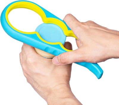 Pottenopener, antislip pottenflesopener, pottengrijper voor zwakke handen, senioren met artritis en kinderen, 4-in-1 multifunctionele kleurrijke blikopener, keukenhulpmiddel om deksels gemakkelijk te verwijderen, blauwgeel