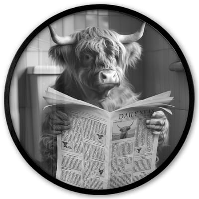 Poster in lijst Rond - Fotolijst 40x40 cm - Posters - Schotse hooglander - Koe - Krant - WC - Zwart wit - Ronde posterlijst zwart - Decoratie - Wanddecoratie woonkamer - Muurdecoratie slaapkamer
