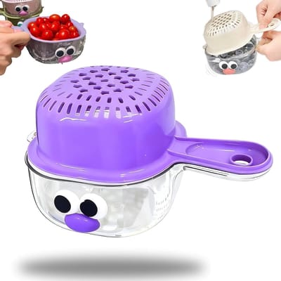 VHV - Vergiettes - Afdruipmandje - Fruitmand met lekbak - Dubbellaags - Met handvat en ophangoog - Voor het wassen van groenten en fruit - Keuken organizer - 19.5*6*12cm - Emoji-stijl - Paars