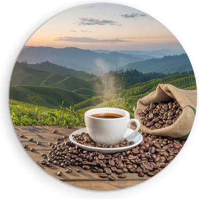Saammp Muurcirkel Hout - Kopje Koffie - Bonen - Landschap - Ø 90 - Wandcirkel - Wanddecoratie Cirkel - Muurdecoratie keuken - Slaapkamer decoratie - Rond Schilderij