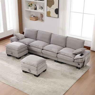 DESMIU Bank 330 Cm - Modulaire 4-Zits Set Met 2 Hockers, USB-C Aansluiting En Zijvakken - Voor Woonkamer Of Lounge - Corduroy Lichtgrijs