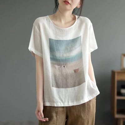 Nieuw Katoen Linnen T-shirt met Korte Mouwen voor Dames Retro Bedrukt Linnen Dun T-shirt Literair Losse Grote Maat Zomertop 3XL white