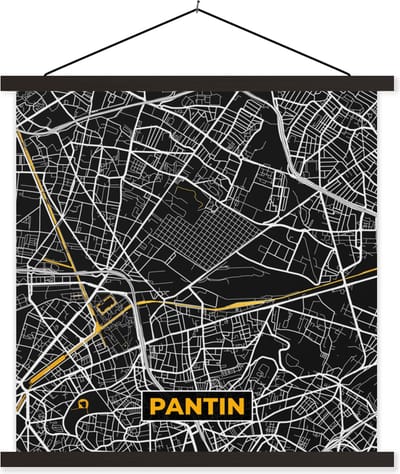 Posterhanger incl. Poster 60x60 cm - Schoolplaat - Kaart - Plattegrond - Pantin - Stadskaart - Frankrijk - Textielposter - Zwarte latten - Stadskaart