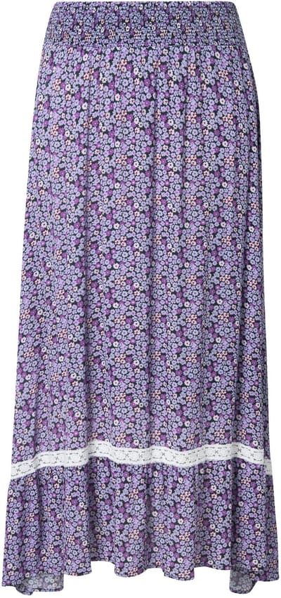 Ulla Popken - Dames - Midirok bloemen A-lijn elastische tailleband - Lavendel - Maat 42+