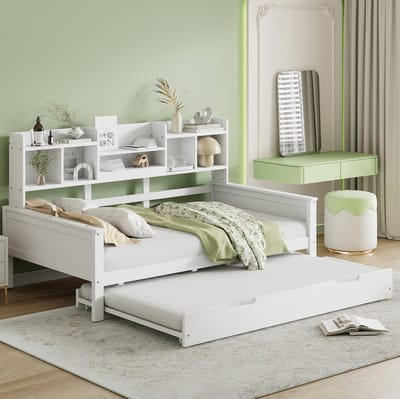 MEUNIQ eenpersoonsbed 90x200 cm met uitschuifbed 90x190 cm, lattenbodem en opbergvakken in rugleuning, houten bedframe voor slaapkamer of logeerkamer, wit