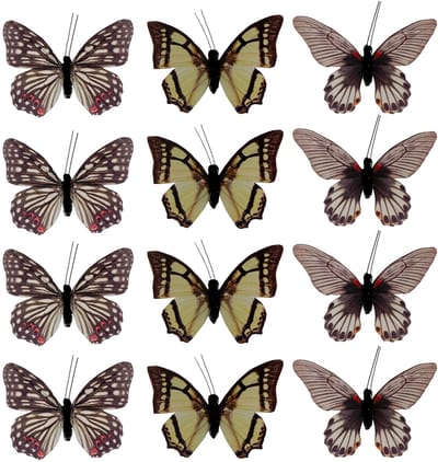 Dailygoods- Decoratieve Vlinders 12-delige Set - Kleurrijke Decoratie - Metalen Clip - Zachte Veren/Tule - Glitter Accenten - Eenvoudig te Bevestigen - Decoratievlinders