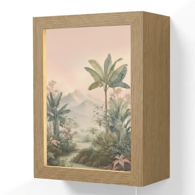 Wandlamp 15x20 cm - Oplaadbaar - Tropisch landschap - palmbomen - Bloemen - Roze lucht - Wandlampen binnen woonkamer - Slaapkamer lamp met kabel - Decoratieve nachtlamp - Vloerlamp snoer