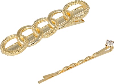 Haarsoires Haarspeld Duckklem en Schuifspeldje 6cm – Ketting Cirkelvorm en Steentje – Goud – Set van 2 - Sterke Haarclip voor Styling & Dagelijks Gebruik - Hair Clip - Decoratieve Haaraccessoire