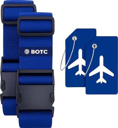 BOTC Kofferriem met Kofferlabel - 4-Delig - 2 Kofferband en 2 Bagagelabel - bagageriemen - Bagageband - Verstelbaar - Blauw