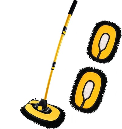 Autowasborstel Lange Steel - Auto Dweil Kit - Auto Grondig Reinigen - 15 Graden Ergonomische Buiging - 50-102 cm - Geel