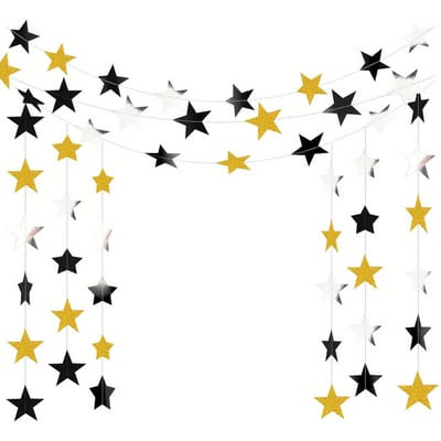 Guirlande d'étoiles élégante noire et dorée à paillettes de 2 m de long - Parfaite pour les décorations du Nouvel An, d'anniversaire et de mariage star