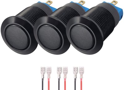 ProRide Mini Drukschakelaar ON-OFF - 12mm Metaal - 12V/24V - Platte Knop - Met Kabels - Zwart - 3 stuks